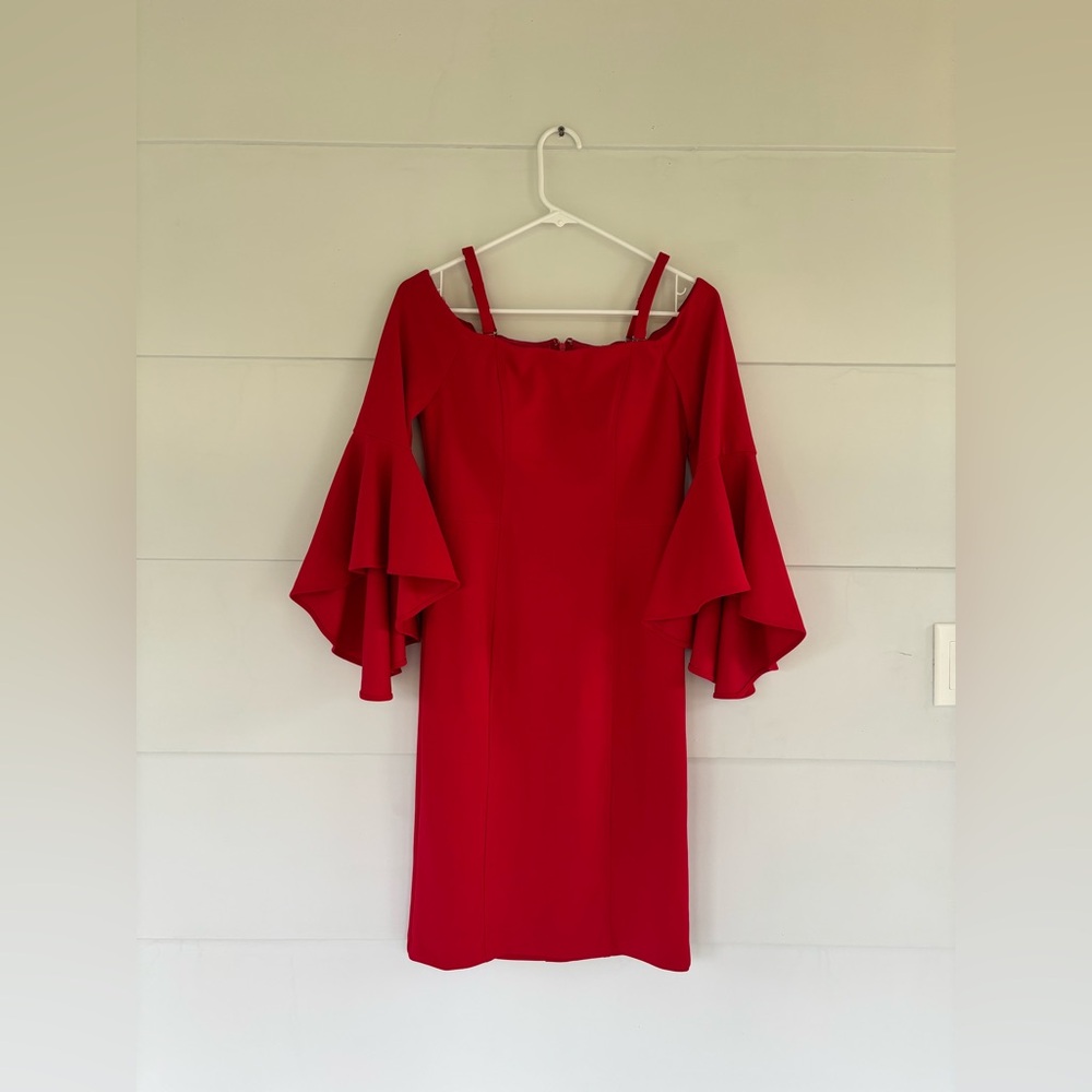Roz & Ali Women’s Red Dress Size 6 Pencil Skirt Flared Sleeves Formal Dressy